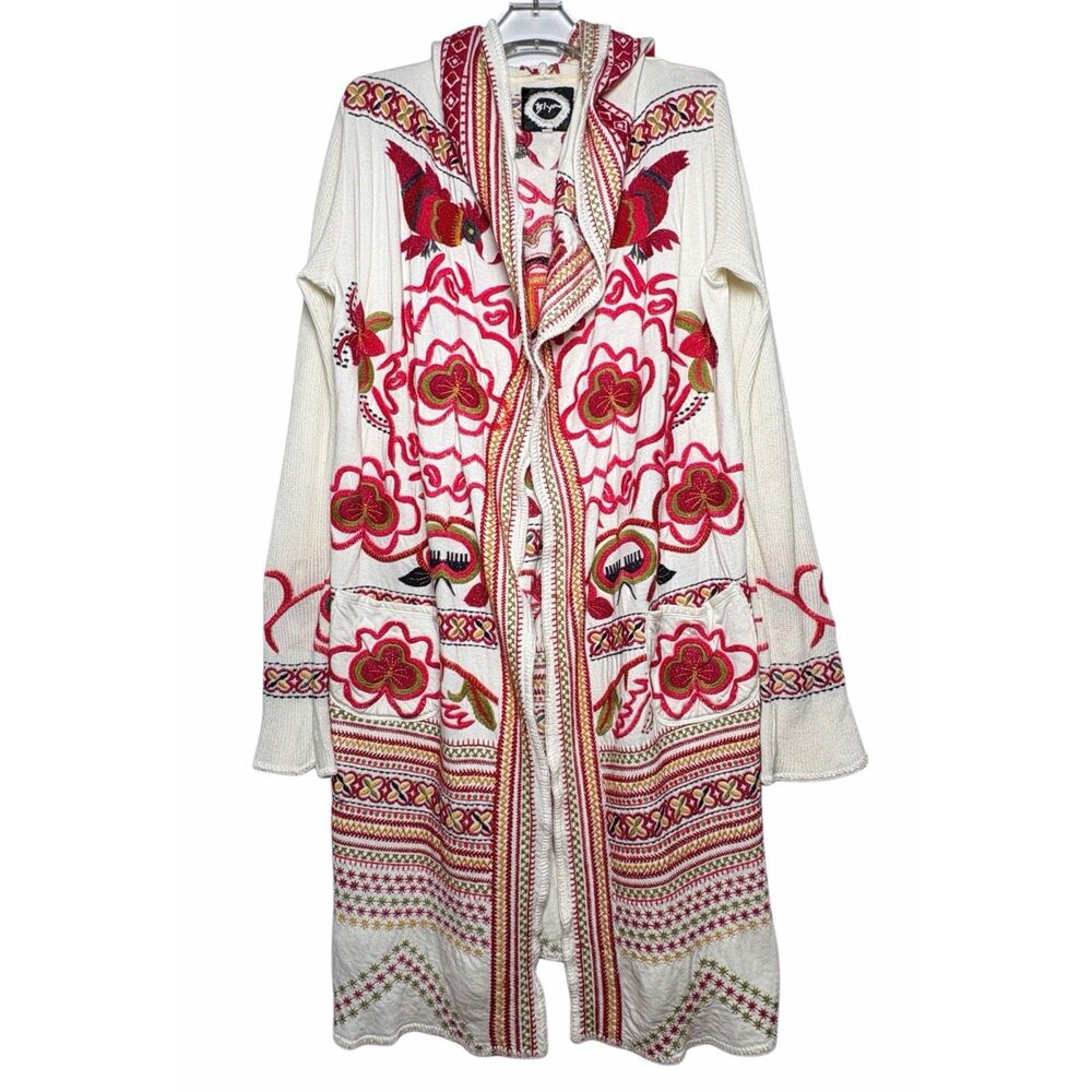 Johnny Was Biya Size XS Oversized Hooded Embroidered Floral Birds Duster Boho